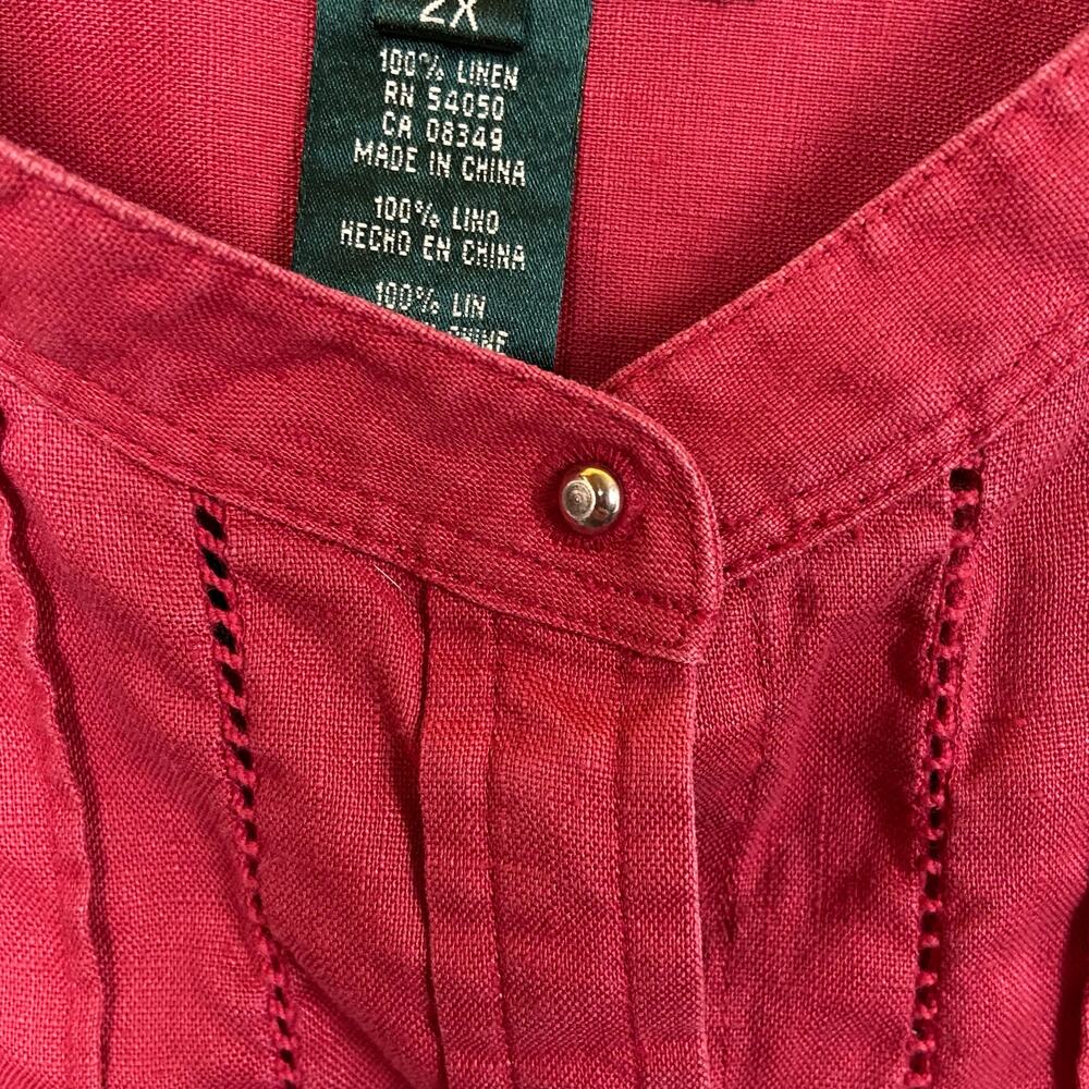 Ralph Lauren Women's 100% Linen Red Pintuck Mandarin Collar Blouse Top Size 2X - Picture 6 of 12